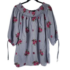 Melissa Page Off Shoulder Top 1x Womens Plus Size Blue White Striped Half Sleeve